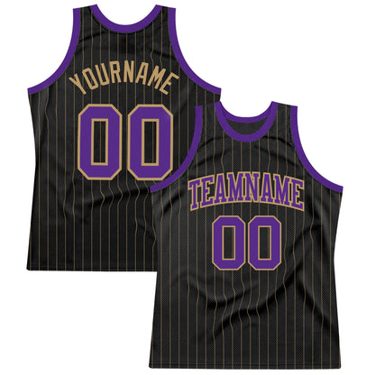 Custom Black Old Gold Pinstripe Purple-Old Gold Authentic Basketball Jersey - Sky-Custom