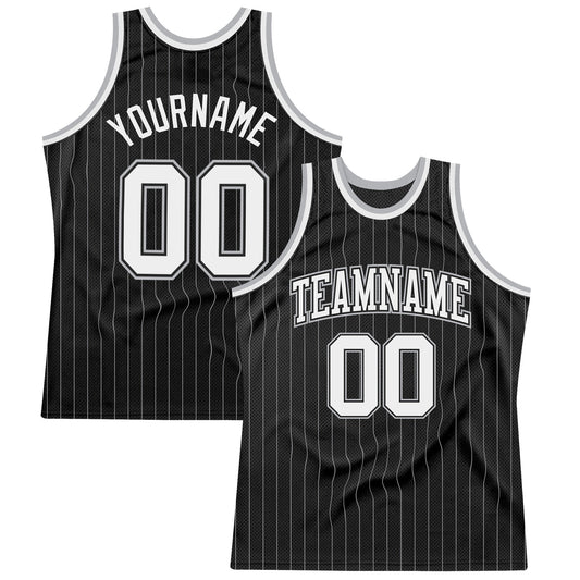 Custom Black Gray Pinstripe White-Gray Authentic Basketball Jersey - Sky-Custom
