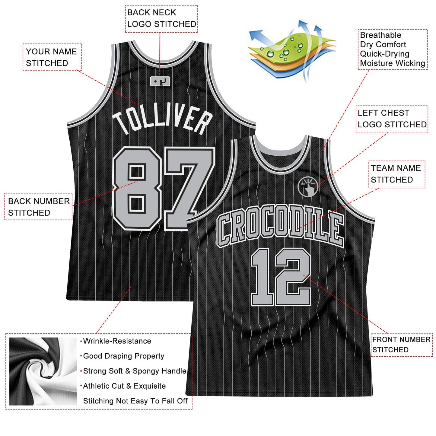Custom Black Gray Pinstripe Gray-Black Authentic Basketball Jersey - Sky-Custom