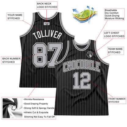 Custom Black Gray Pinstripe Gray-Black Authentic Basketball Jersey - Sky-Custom