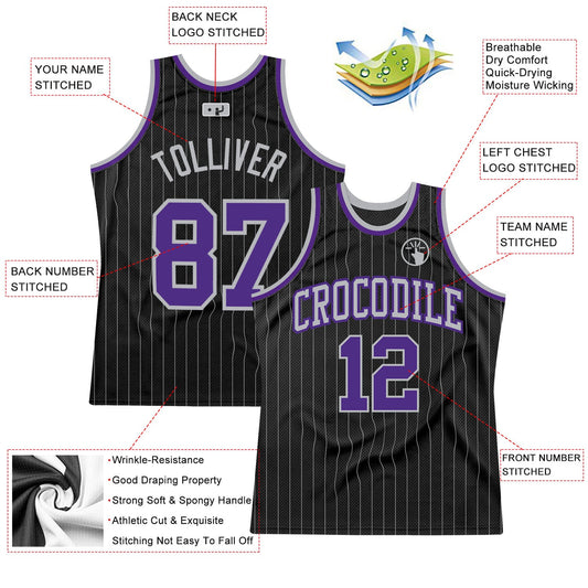 Custom Black Gray Pinstripe Purple-Gray Authentic Basketball Jersey - Sky-Custom