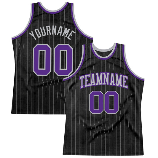 Custom Black Gray Pinstripe Purple-Gray Authentic Basketball Jersey - Sky-Custom