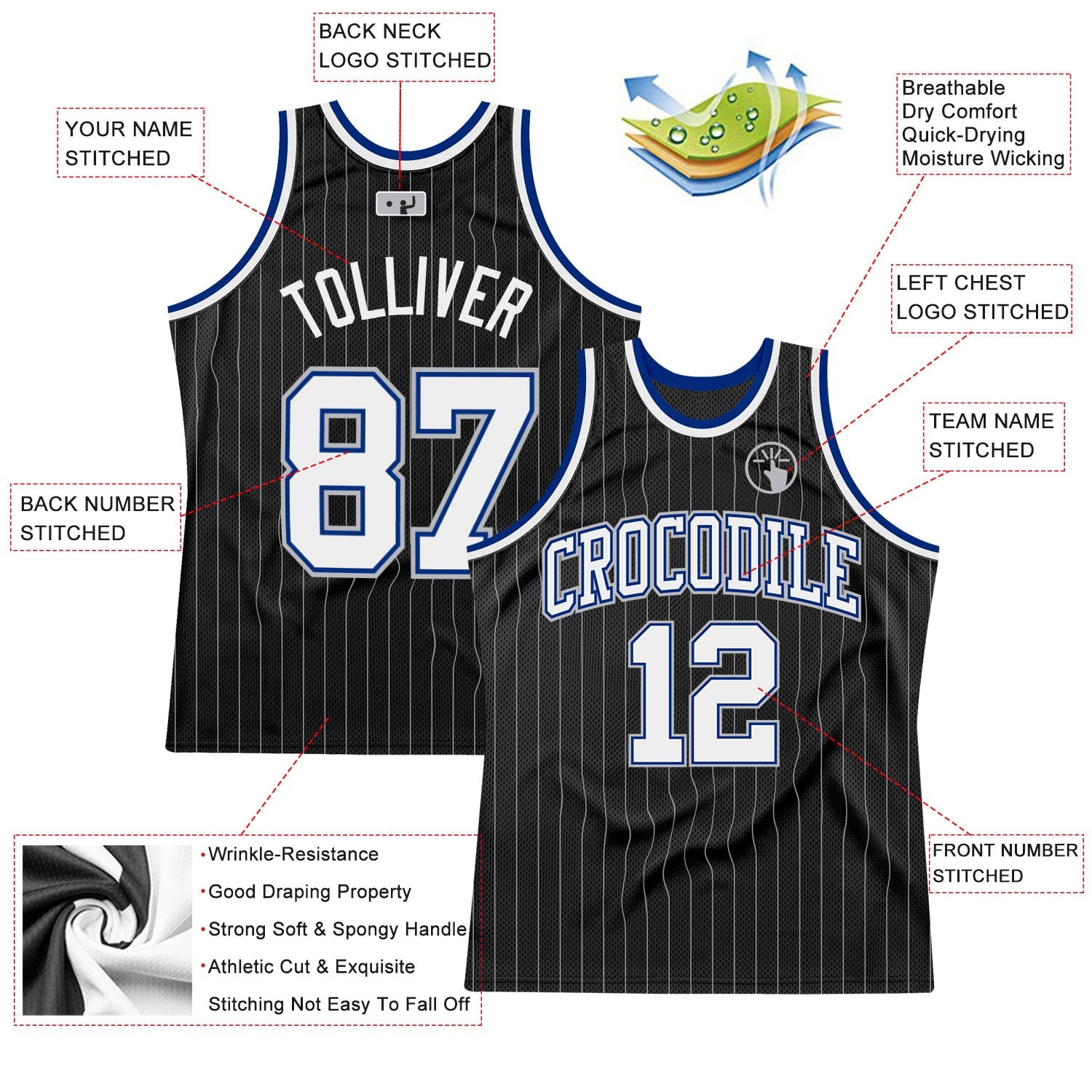Custom Black Gray Pinstripe White-Royal Authentic Basketball Jersey - Sky-Custom