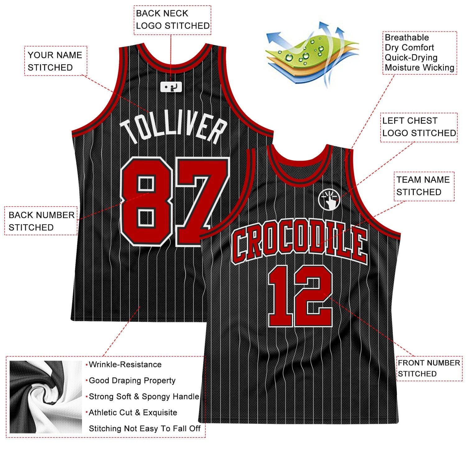 Custom Black White Pinstripe Red-White Authentic Basketball Jersey - Sky-Custom