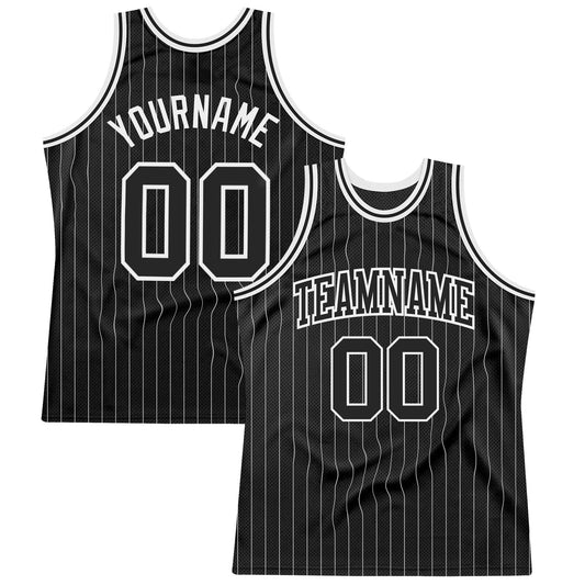 Custom Black White Pinstripe Black-White Authentic Basketball Jersey - Sky-Custom