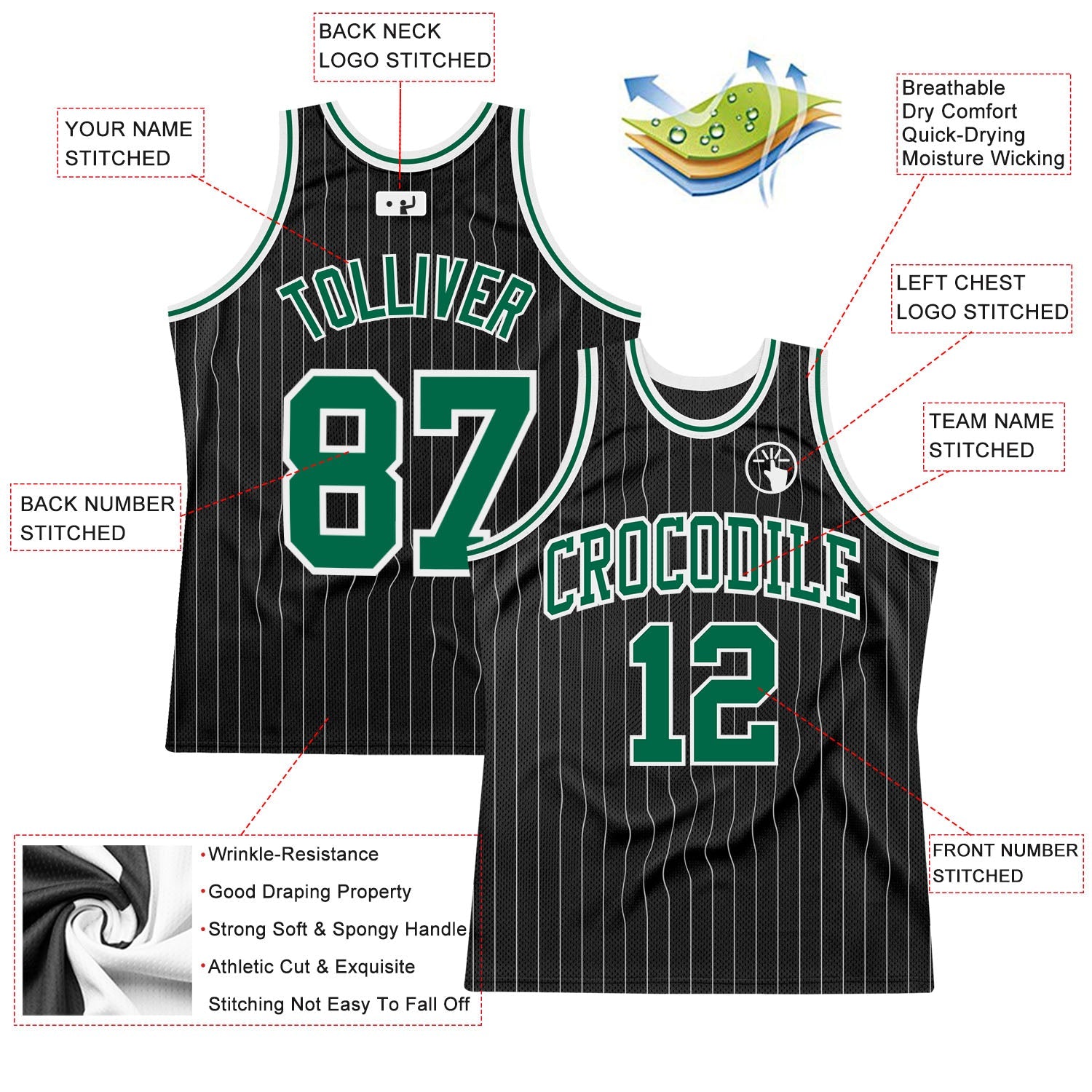 Custom Black White Pinstripe Kelly Green-White Authentic Basketball Jersey - Sky-Custom