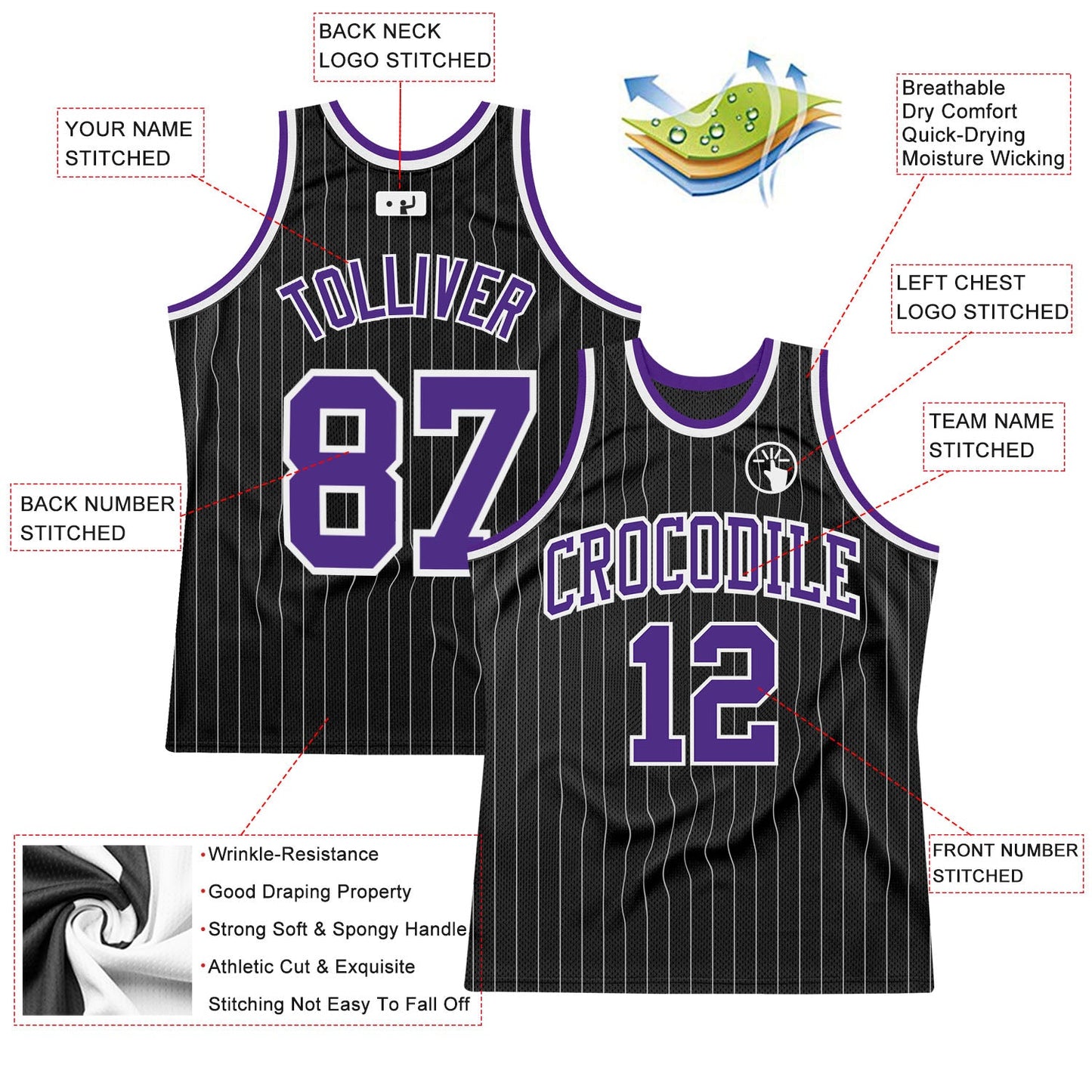 Custom Black White Pinstripe Purple-White Authentic Basketball Jersey - Sky-Custom