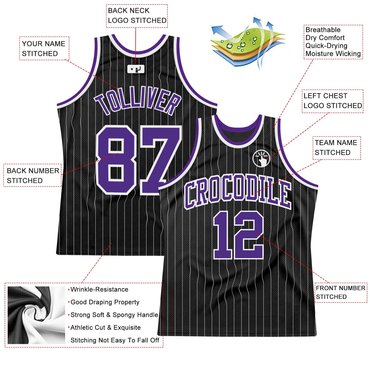 Custom Black White Pinstripe Purple-White Authentic Basketball Jersey - Sky-Custom