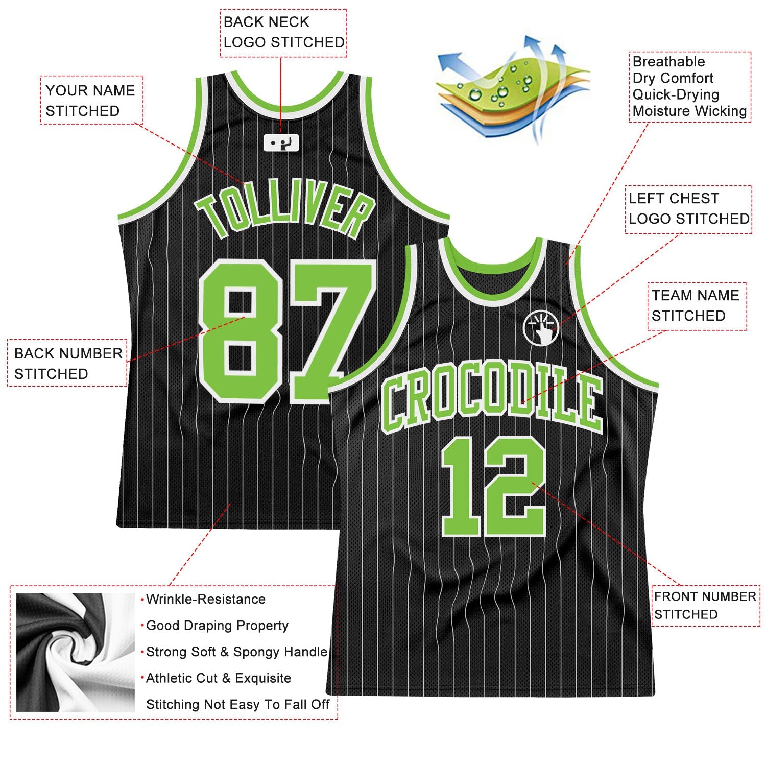 Custom Black White Pinstripe Neon Green-White Authentic Basketball Jersey - Sky-Custom