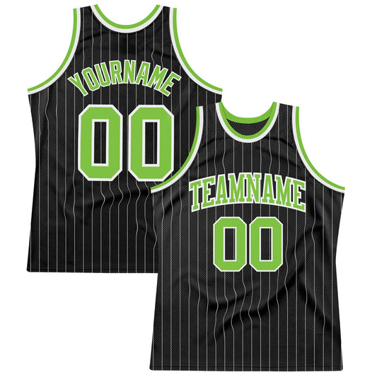 Custom Black White Pinstripe Neon Green-White Authentic Basketball Jersey - Sky-Custom