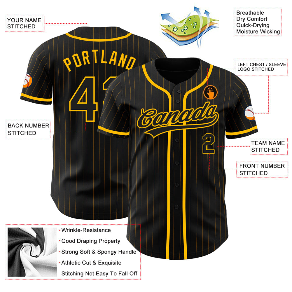 Custom Black Gold Pinstripe Black Authentic Baseball Jersey - Sky-Custom