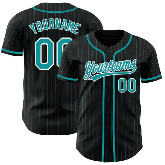 Custom Black Teal Pinstripe Teal-White Authentic Baseball Jersey - Sky-Custom
