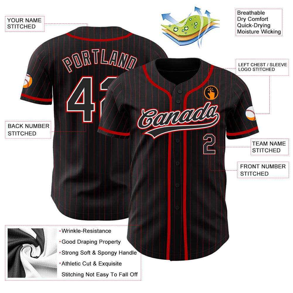 Custom Black Red Pinstripe Black Authentic Baseball Jersey - Sky-Custom