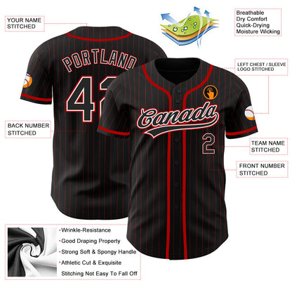 Custom Black Red Pinstripe Black Authentic Baseball Jersey - Sky-Custom