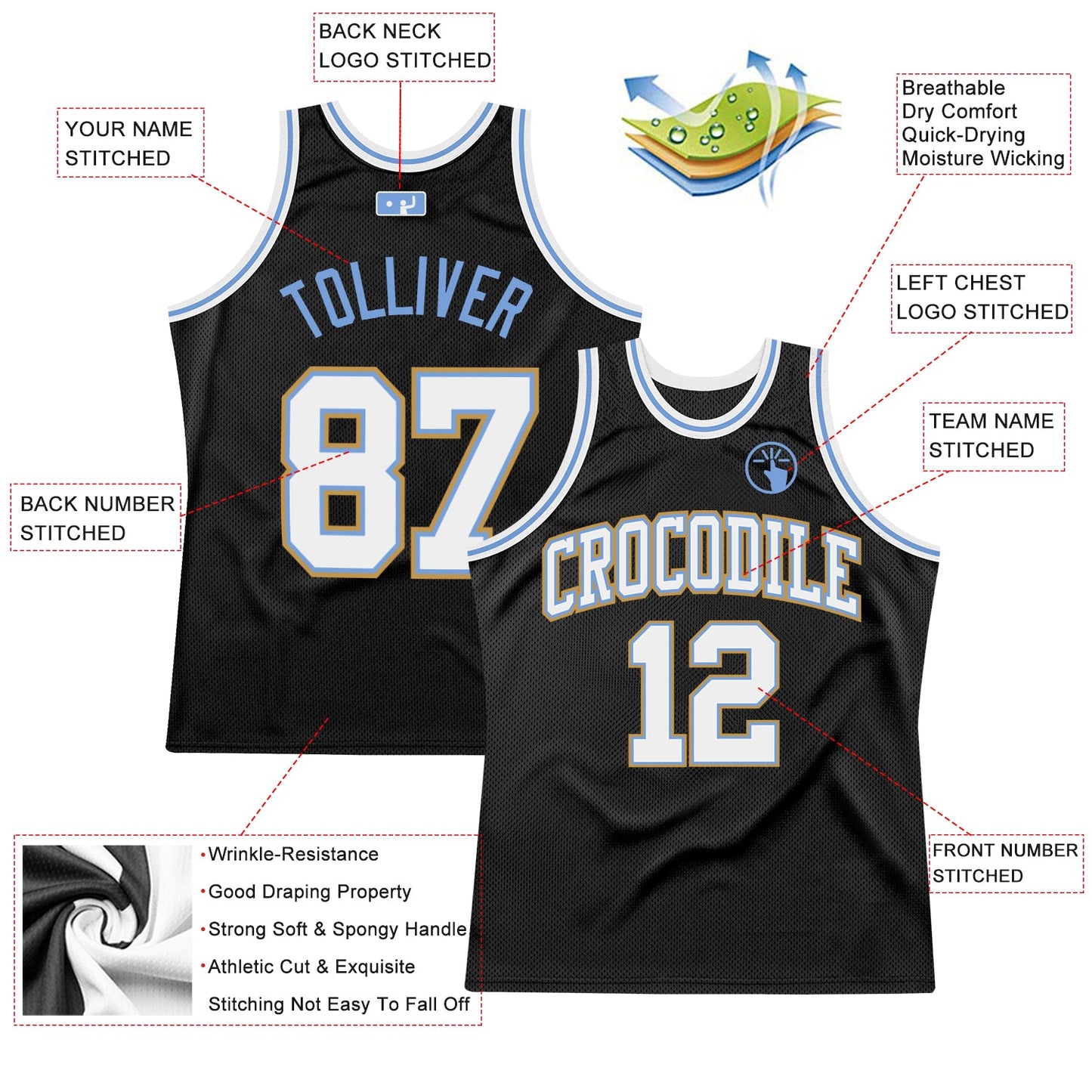 Custom Black White Light Blue-Old Gold Authentic Throwback Basketball Jersey - Sky-Custom