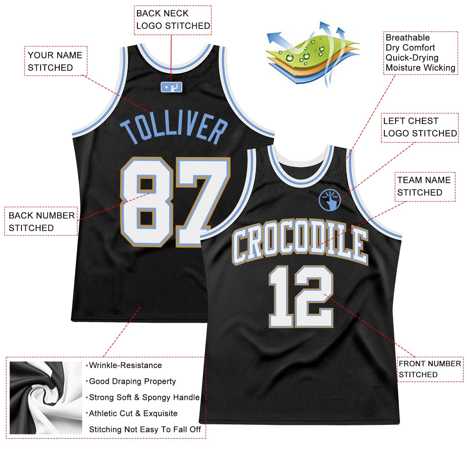 Custom Black White Light Blue-Old Gold Authentic Throwback Basketball Jersey - Sky-Custom