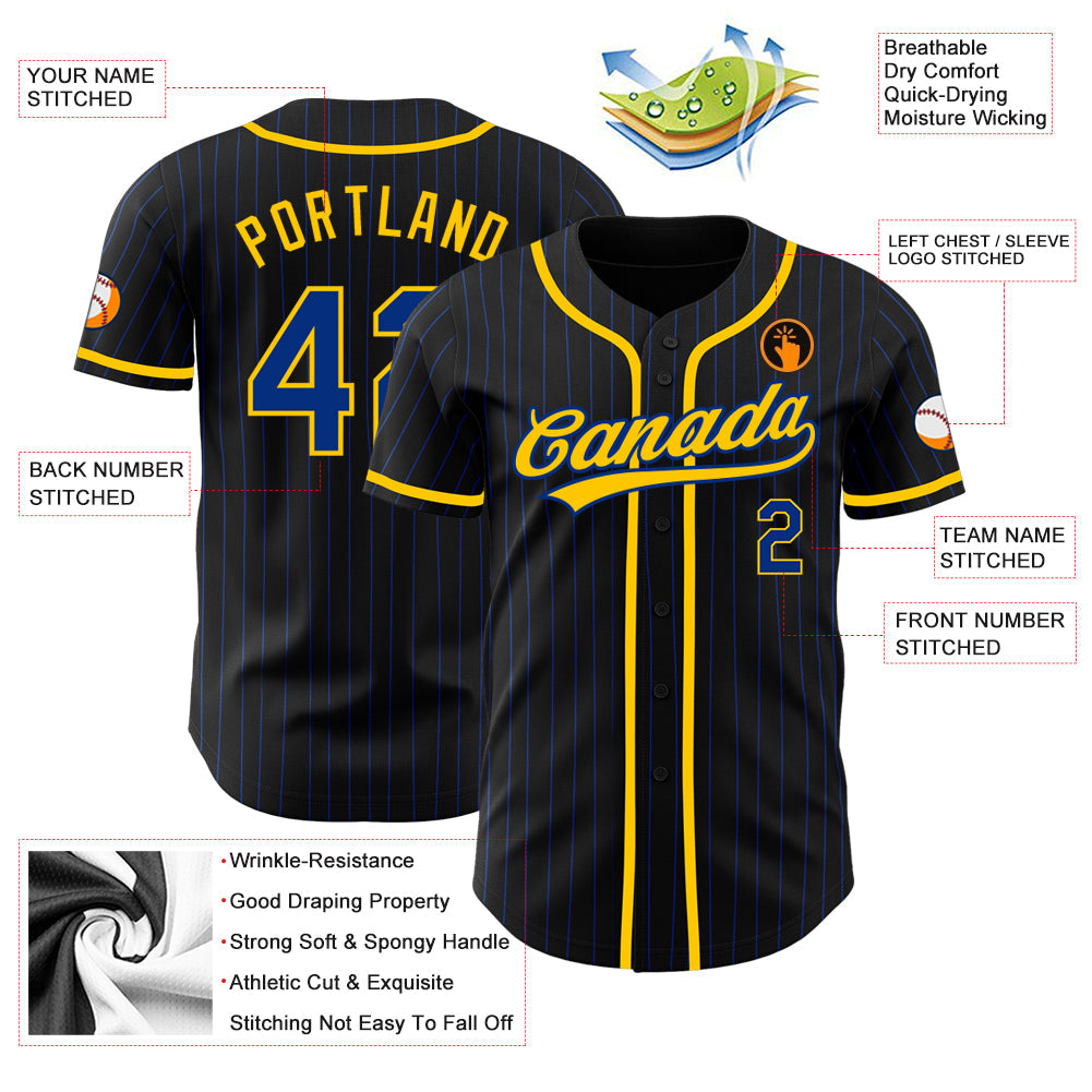 Custom Black Royal Pinstripe Royal-Yellow Authentic Baseball Jersey - Sky-Custom