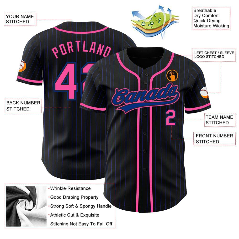 Custom Black Royal Pinstripe Pink Authentic Baseball Jersey - Sky-Custom