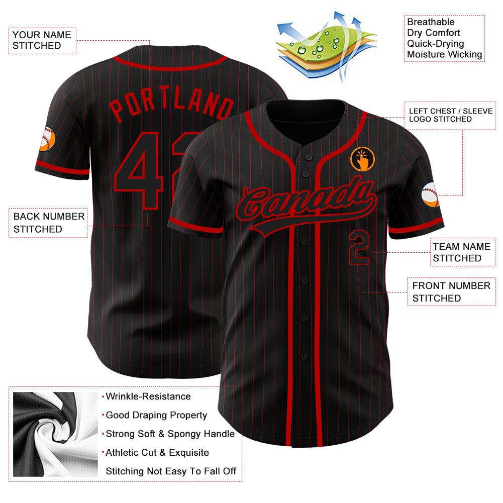 Custom Black Red Pinstripe Black Authentic Baseball Jersey - Sky-Custom