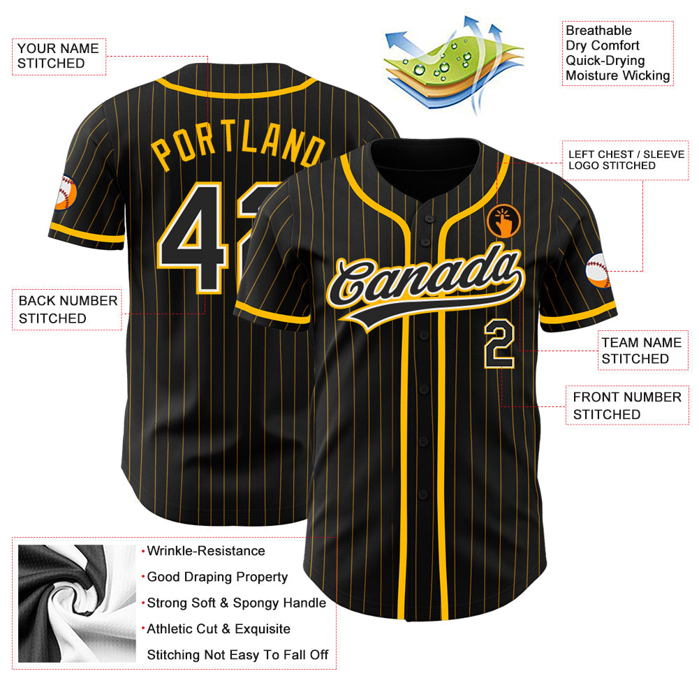 Custom Black Gold Pinstripe Black-White Authentic Baseball Jersey - Sky-Custom