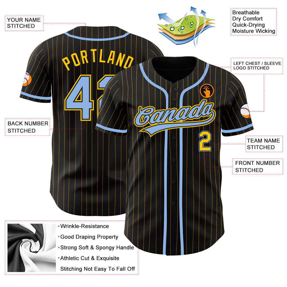 Custom Black Yellow Pinstripe Light Blue Authentic Baseball Jersey - Sky-Custom