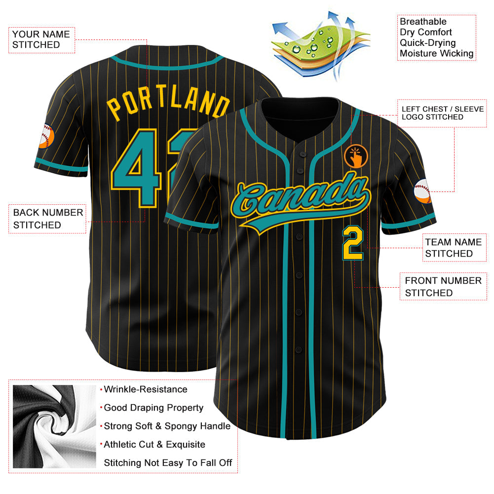 Custom Black Yellow Pinstripe Teal Authentic Baseball Jersey - Sky-Custom