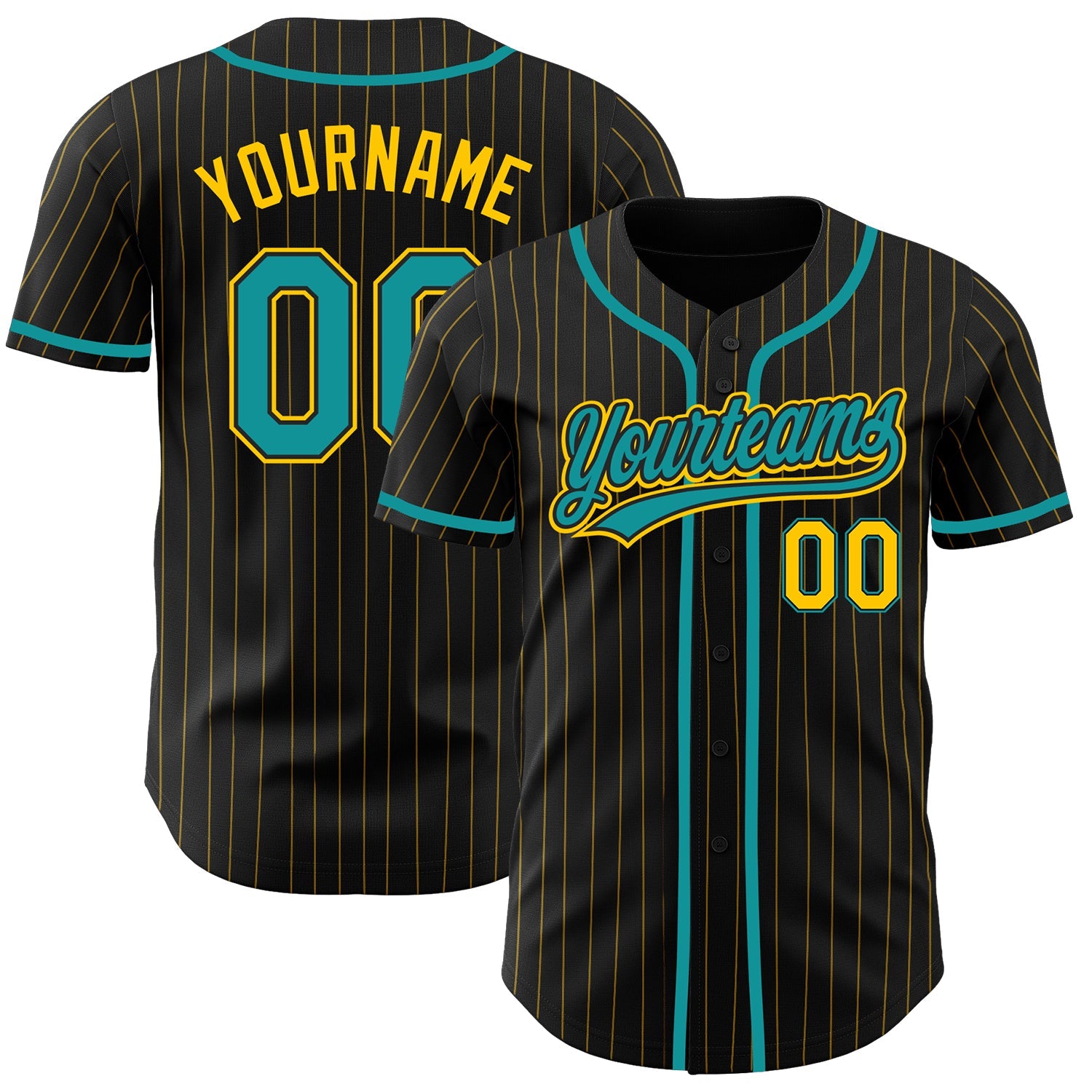 Custom Black Yellow Pinstripe Teal Authentic Baseball Jersey - Sky-Custom
