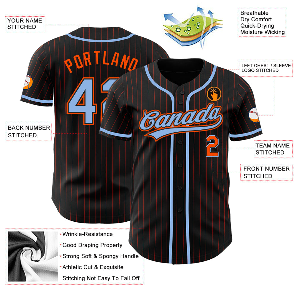 Custom Black Orange Pinstripe Light Blue Authentic Baseball Jersey - Sky-Custom