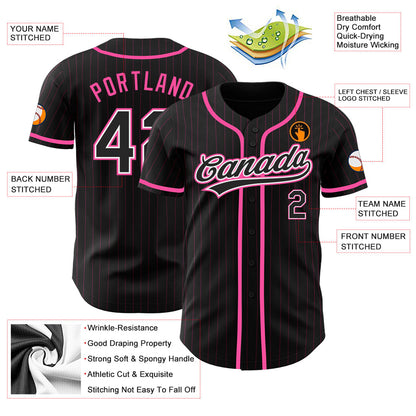 Custom Black Pink Pinstripe Black-White Authentic Baseball Jersey - Sky-Custom