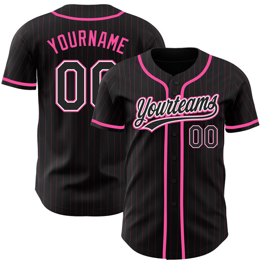 Custom Black Pink Pinstripe Black-White Authentic Baseball Jersey - Sky-Custom