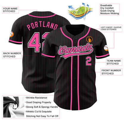 Custom Black Pink Pinstripe Pink-White Authentic Baseball Jersey - Sky-Custom