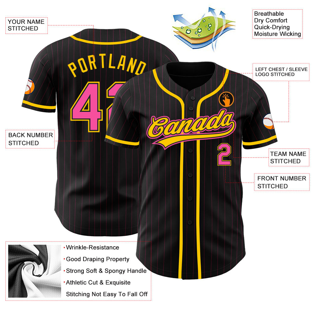 Custom Black Pink Pinstripe Pink-Yellow Authentic Baseball Jersey - Sky-Custom