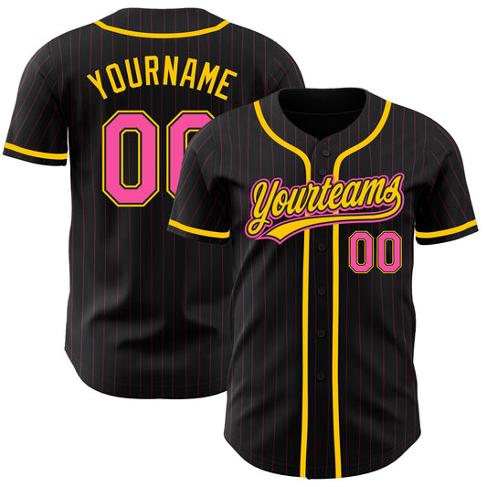 Custom Black Pink Pinstripe Pink-Yellow Authentic Baseball Jersey - Sky-Custom