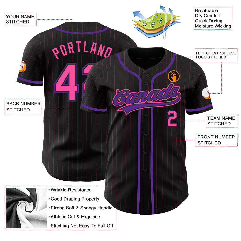 Custom Black Pink Pinstripe Pink-Purple Authentic Baseball Jersey - Sky-Custom