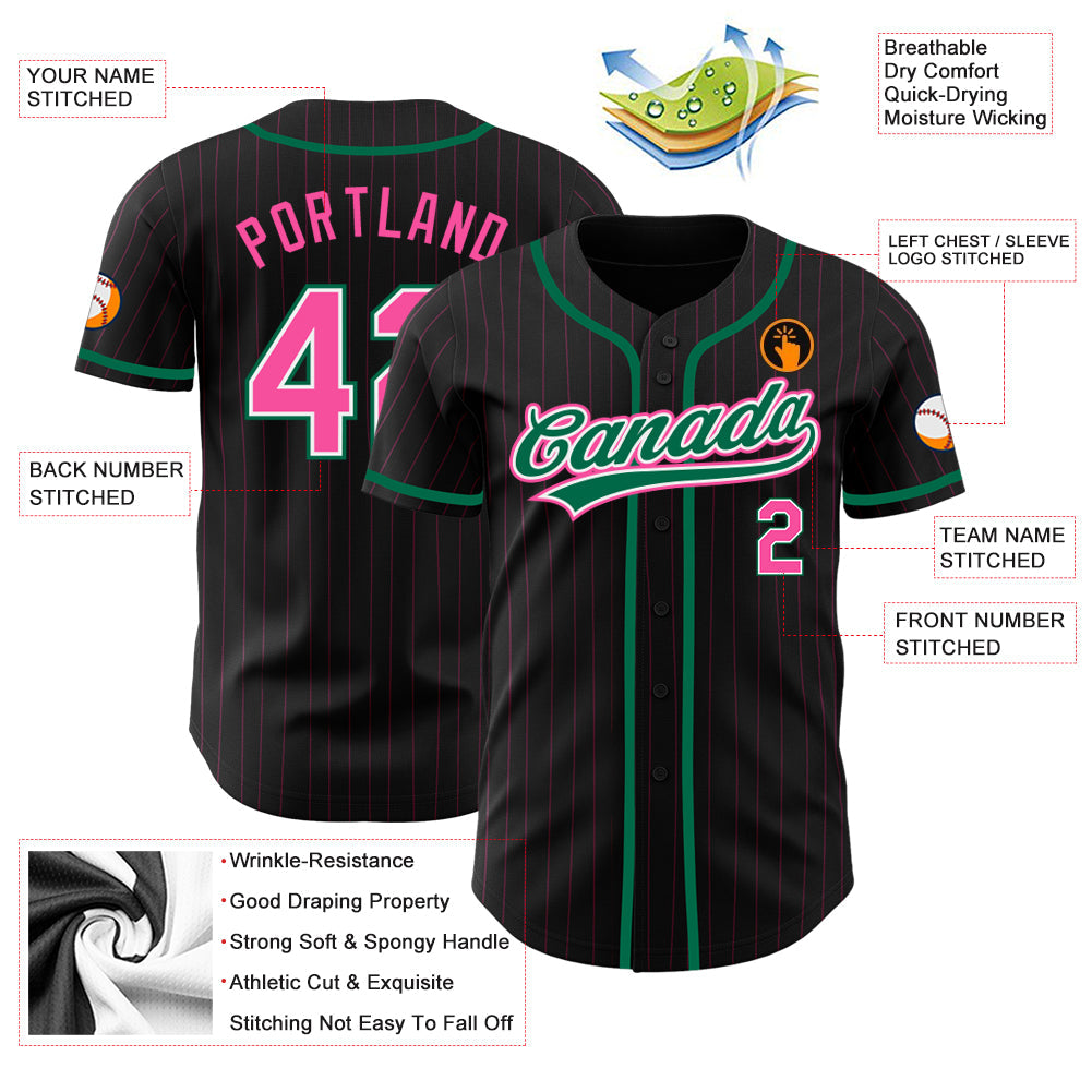 Custom Black Pink Pinstripe Pink-Kelly Green Authentic Baseball Jersey - Sky-Custom