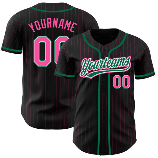Custom Black Pink Pinstripe Pink-Kelly Green Authentic Baseball Jersey - Sky-Custom
