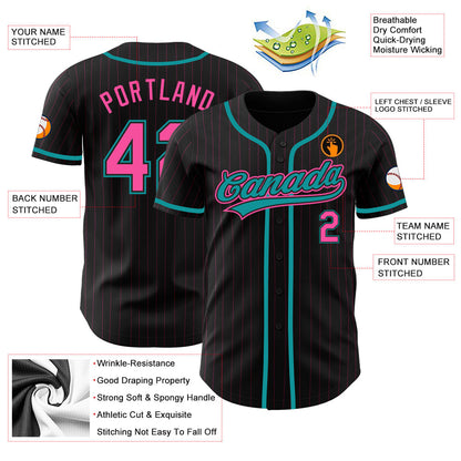 Custom Black Pink Pinstripe Pink-Teal Authentic Baseball Jersey - Sky-Custom