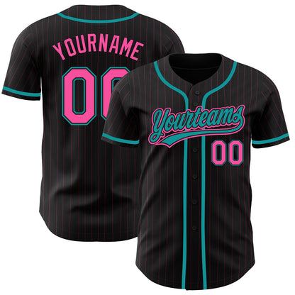 Custom Black Pink Pinstripe Pink-Teal Authentic Baseball Jersey - Sky-Custom