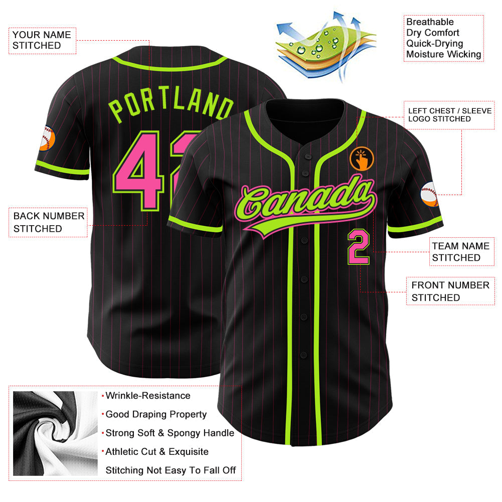 Custom Black Pink Pinstripe Pink-Neon Green Authentic Baseball Jersey - Sky-Custom