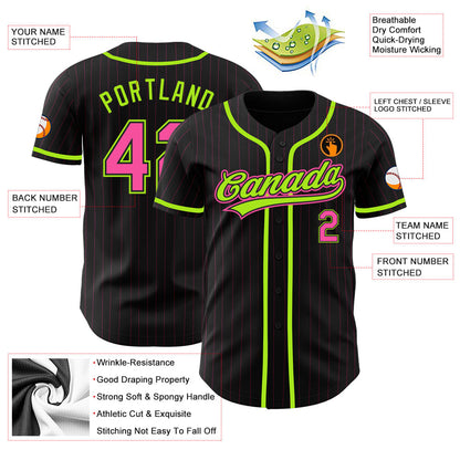 Custom Black Pink Pinstripe Pink-Neon Green Authentic Baseball Jersey - Sky-Custom
