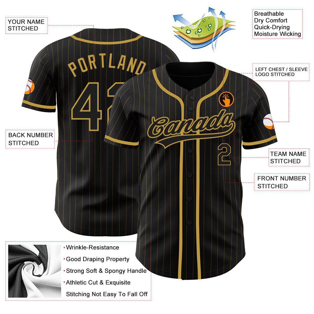 Custom Black Old Gold Pinstripe Black Authentic Baseball Jersey - Sky-Custom