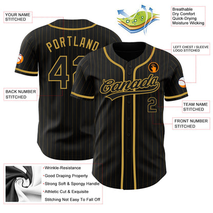 Custom Black Old Gold Pinstripe Black Authentic Baseball Jersey - Sky-Custom