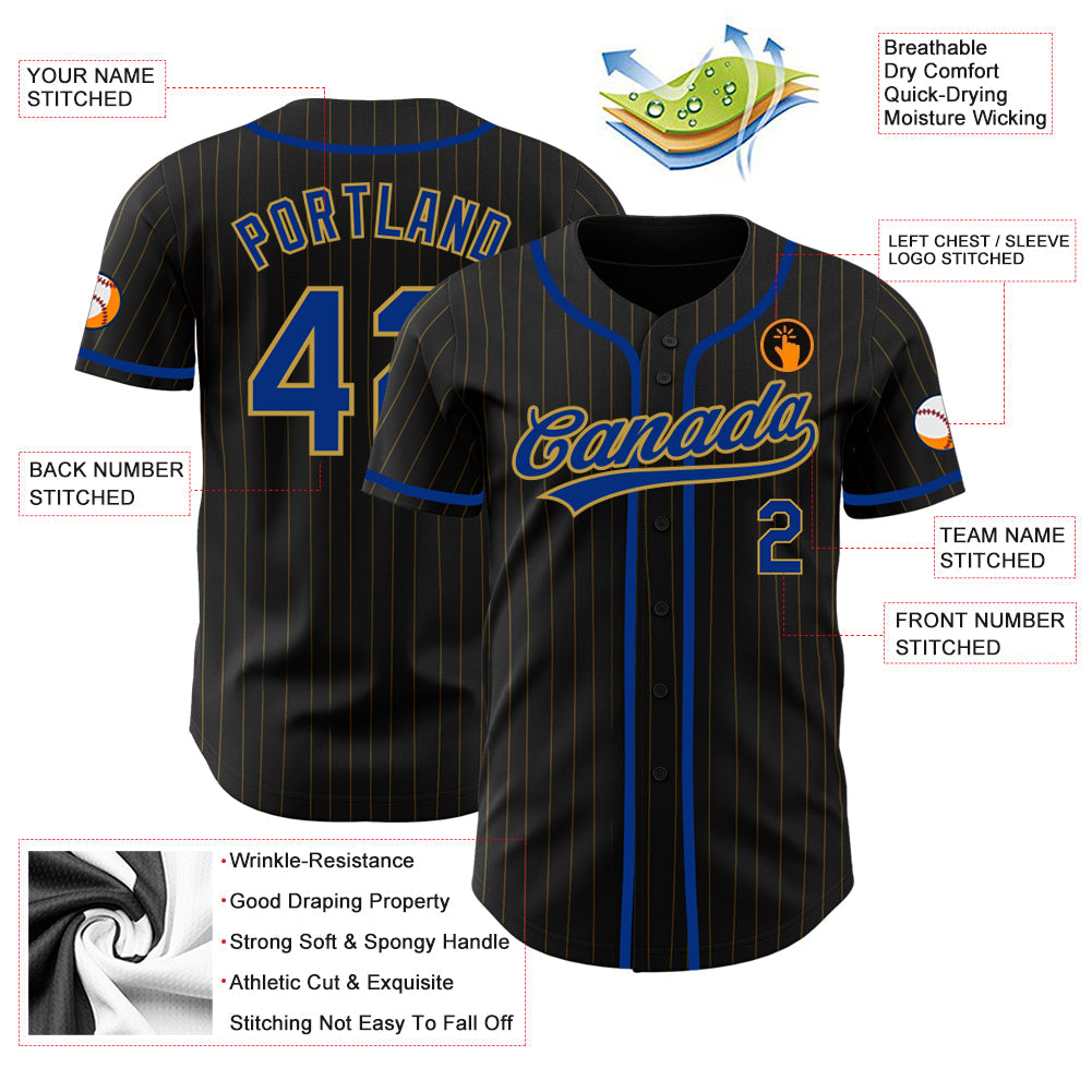 Custom Black Old Gold Pinstripe Royal Authentic Baseball Jersey - Sky-Custom