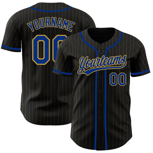 Custom Black Old Gold Pinstripe Royal Authentic Baseball Jersey - Sky-Custom
