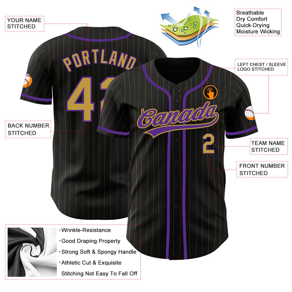 Custom Black Old Gold Pinstripe Old Gold-Purple Authentic Baseball Jersey - Sky-Custom