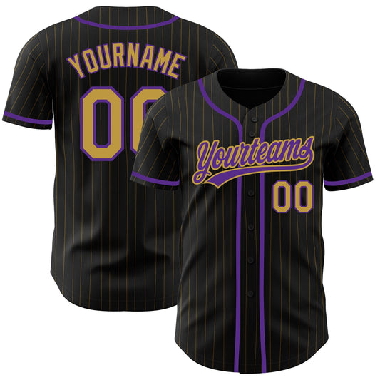 Custom Black Old Gold Pinstripe Old Gold-Purple Authentic Baseball Jersey - Sky-Custom