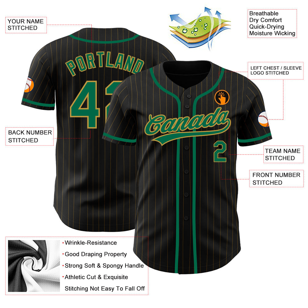 Custom Black Old Gold Pinstripe Kelly Green Authentic Baseball Jersey - Sky-Custom