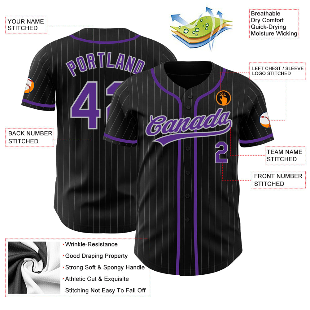 Custom Black Gray Pinstripe Purple Authentic Baseball Jersey - Sky-Custom