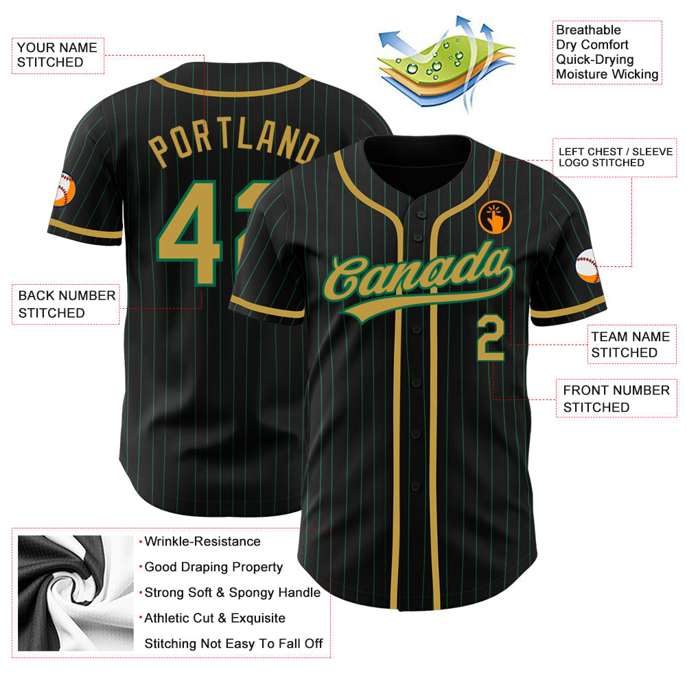Custom Black Kelly Green Pinstripe Old Gold Authentic Baseball Jersey - Sky-Custom