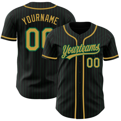 Custom Black Kelly Green Pinstripe Old Gold Authentic Baseball Jersey - Sky-Custom
